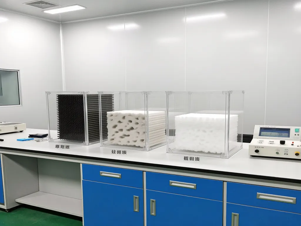 Samples of soundproofing materials in a laboratory