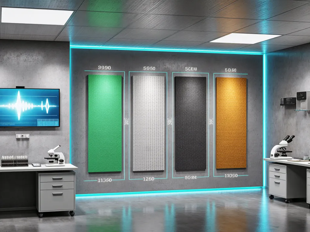Display of colorful soundproofing panels with dimensions
