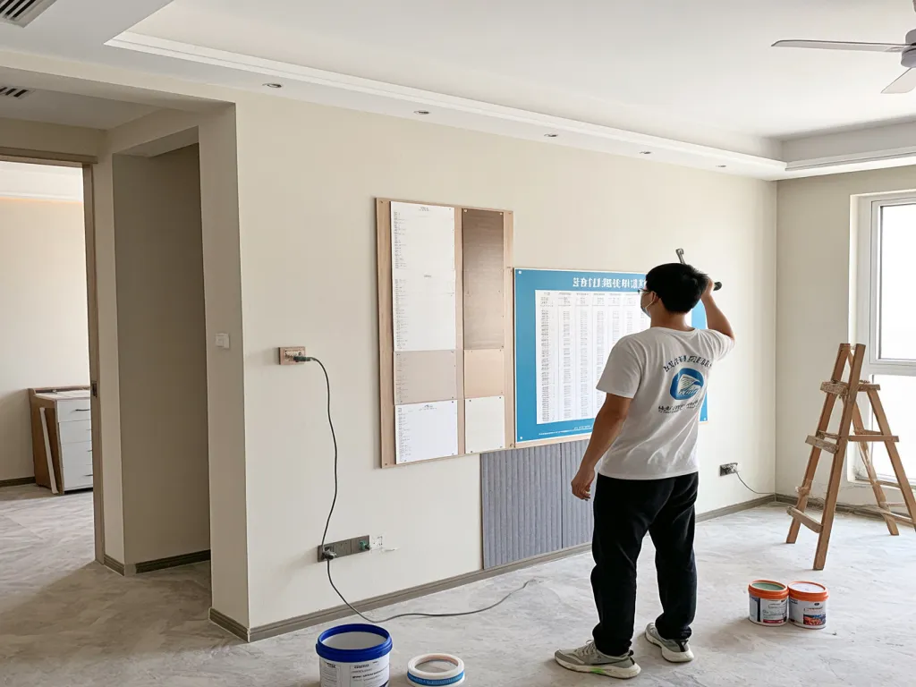 A man installing a soundproofing panel on the wall