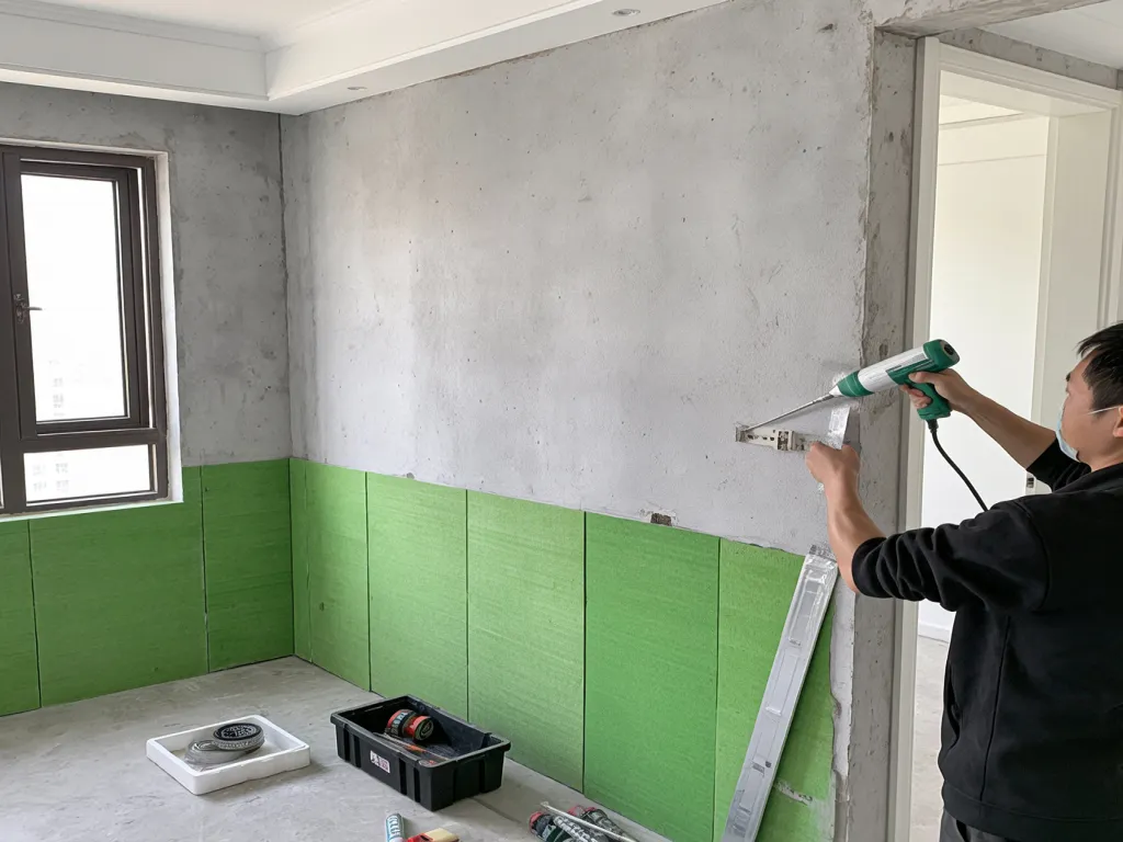 A worker applying green soundproofing material to the wall