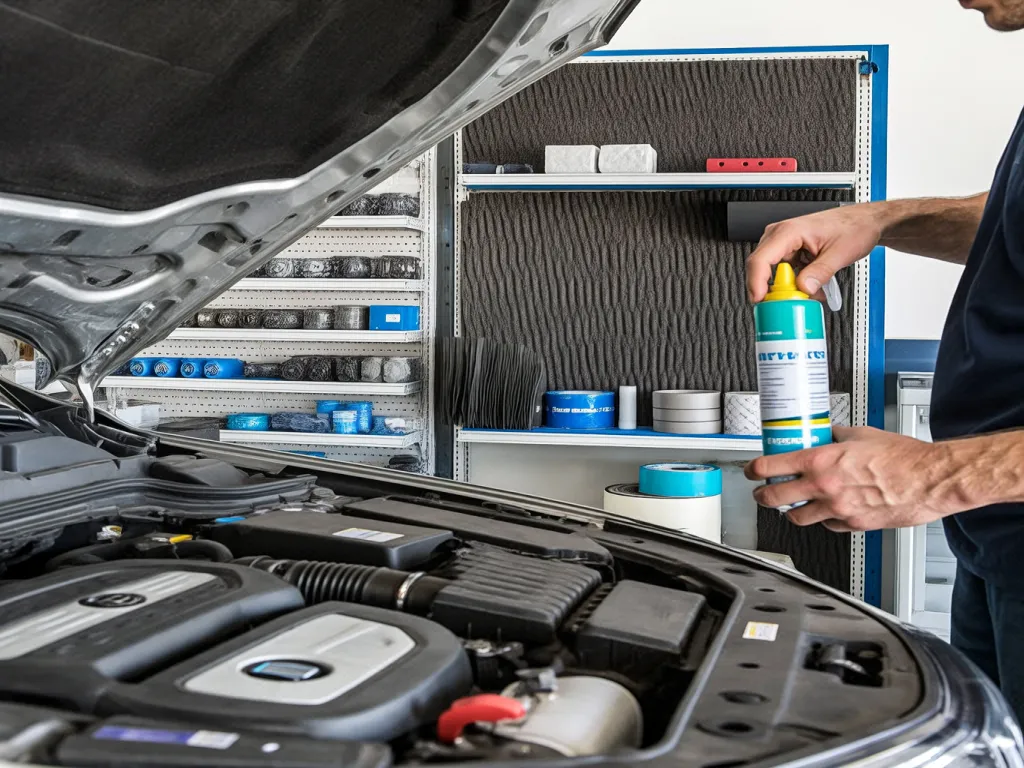 A person applies soundproofing material to a car engine