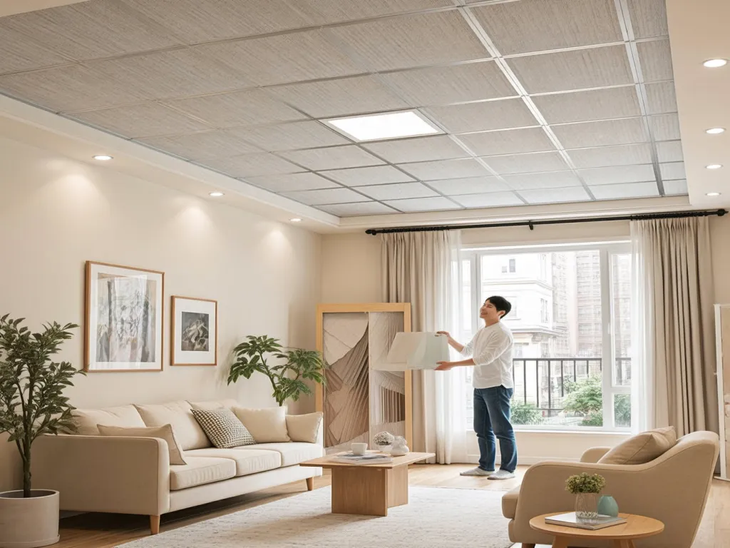 A man installs soundproof ceiling material in a modern living room