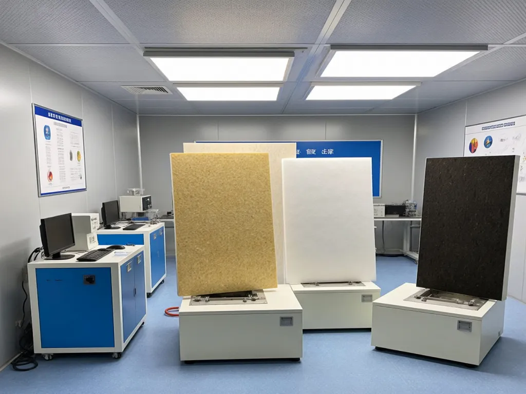 Display of various soundproof material samples in a lab