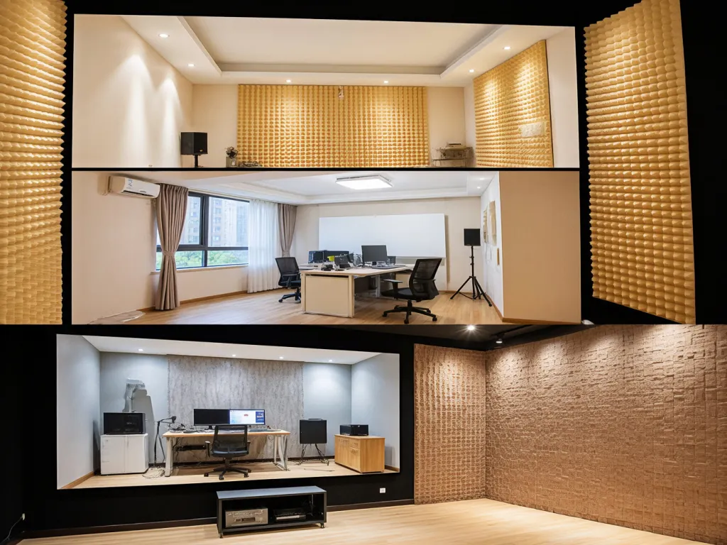 Collage of soundproofed rooms with different finishes