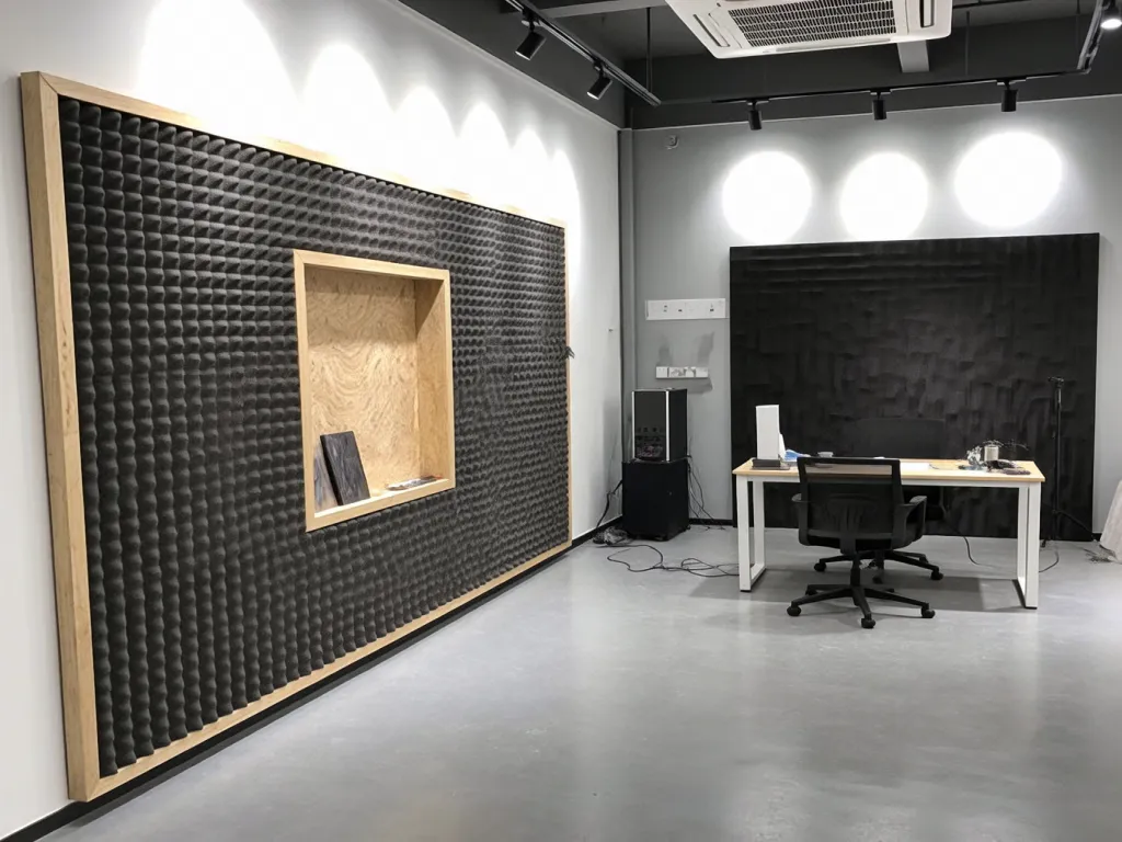 Finished soundproofing materials on a wall in a modern room