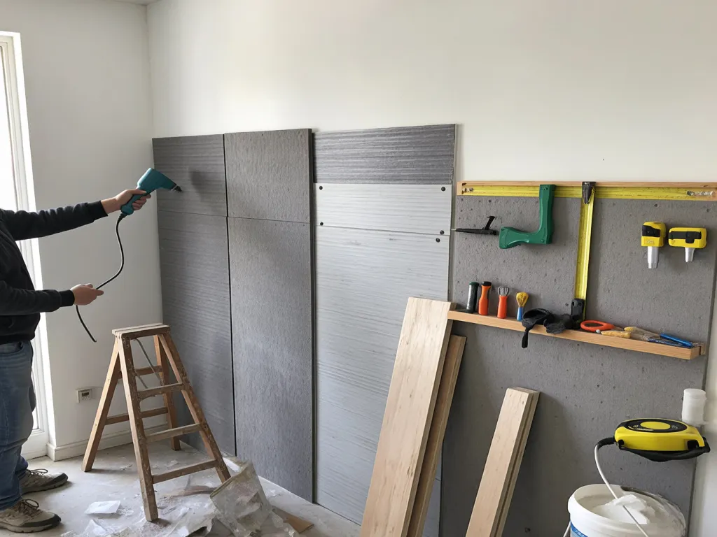 A person installing soundproof panels on a wall