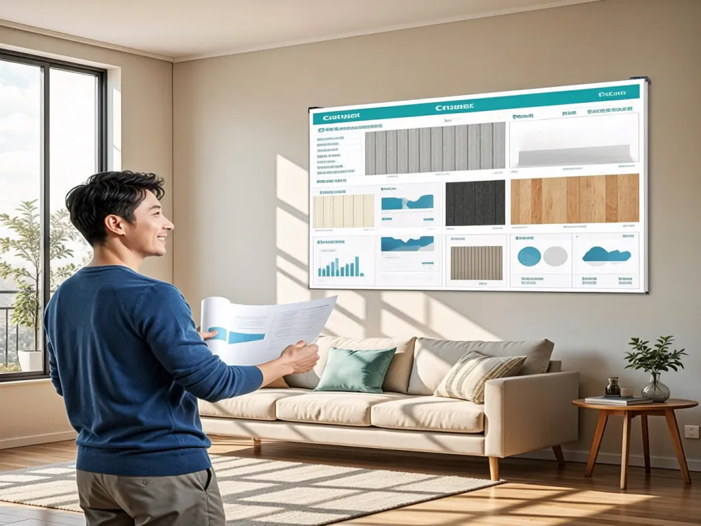 A man viewing soundproof materials options on a wall