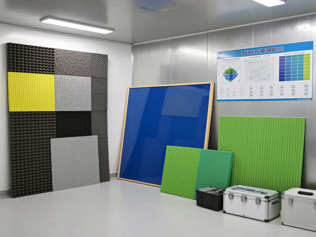 Display of various soundproof materials in a room
