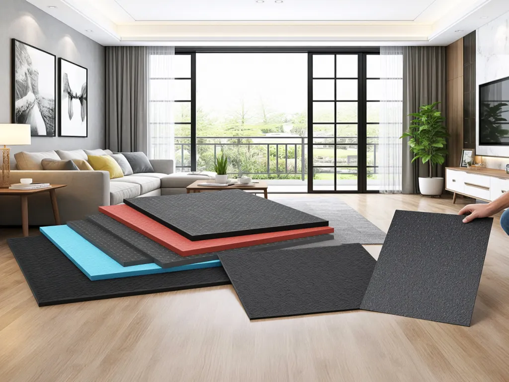 Colorful floor soundproofing material in a modern living room