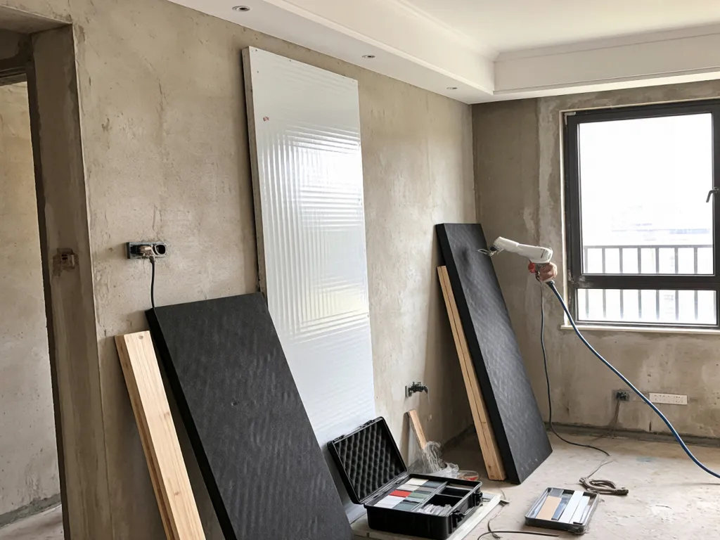 Construction site with soundproof wall panels being installed
