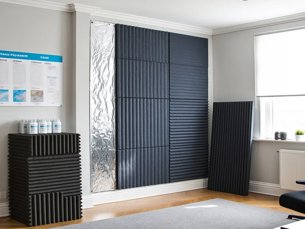 Home setting with soundproof wall panels and cleaning supplies