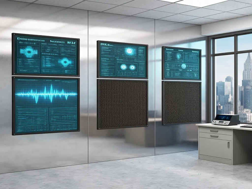 Office setting with soundproof wall panels and digital displays
