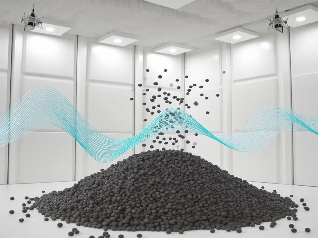 Soundproofing material particles with sound wave illustration