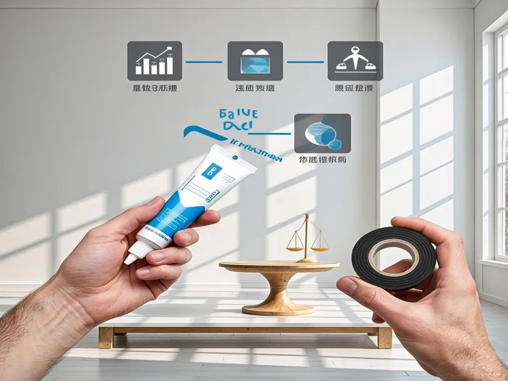 Hands holding soundproofing sealant and tape with benefits icons