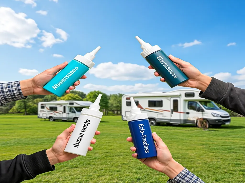 Four hands holding different camper roof sealant bottles