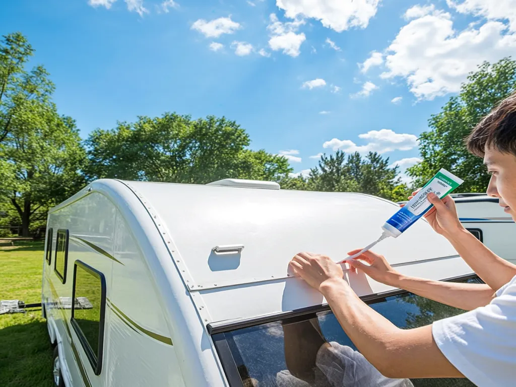 Person using camper roof sealant on a camper roof