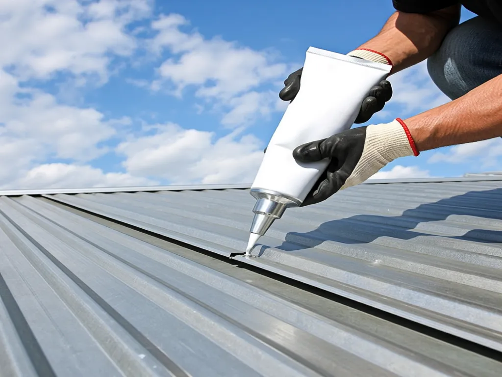 A person applies metal roof sealant to a metal roof