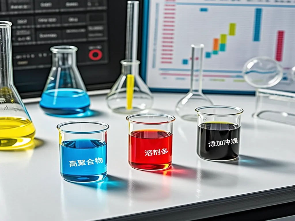 Beakers with colored liquids labeled to show different chemical solutions