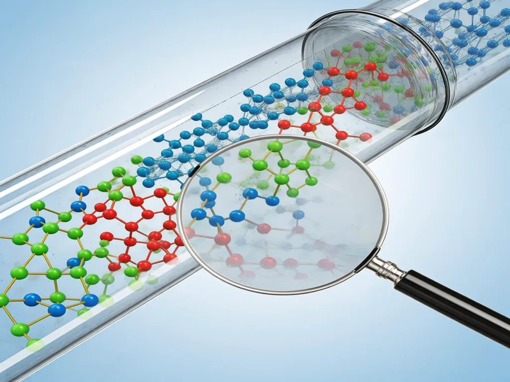 A magnified view of molecular structures in a test tube