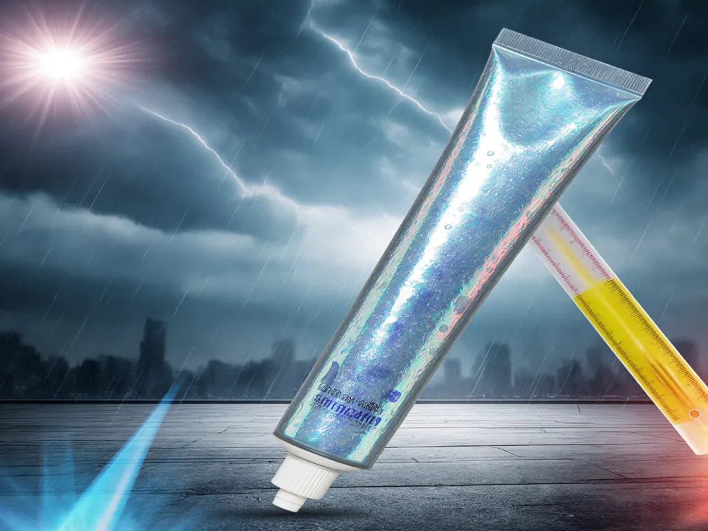 Tube of neutral cure RTV silicone sealant in a storm