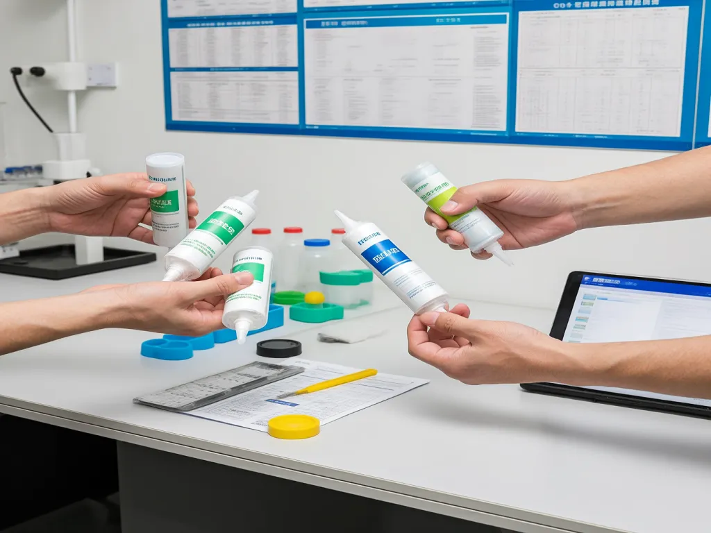 Hands exchanging tubes of neutral silicone adhesive sealant