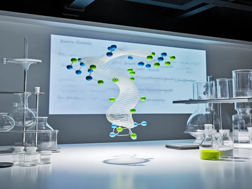 Laboratory setting with a DNA model and scientific equipment