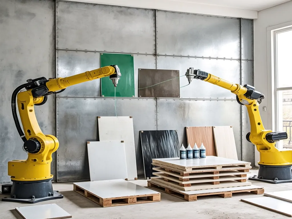 Robotic arms applying neutral cure silicone sealant to materials