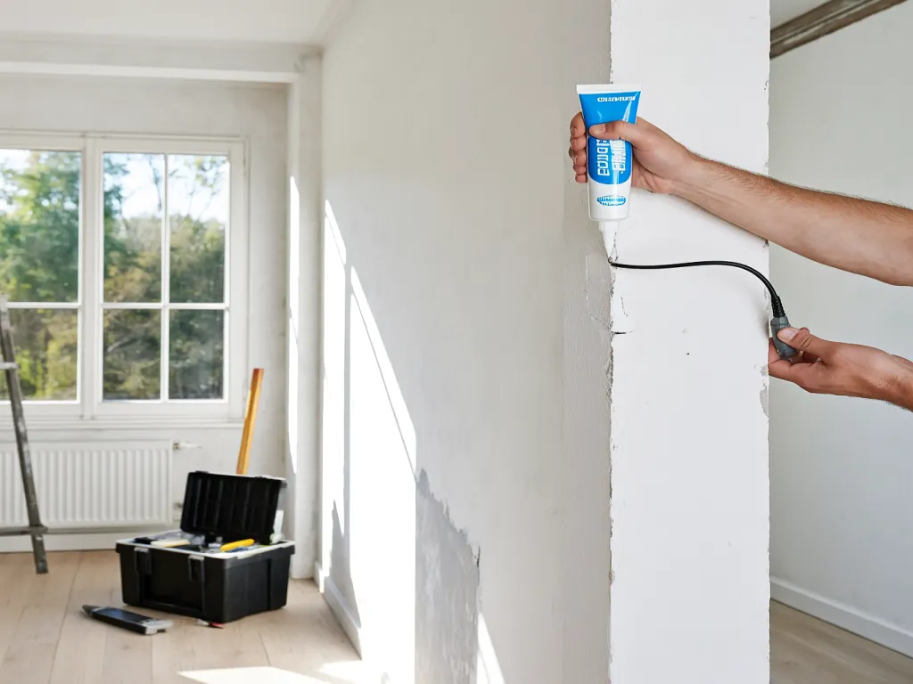 Person applying RTV neutral silicone sealant to a wall crack