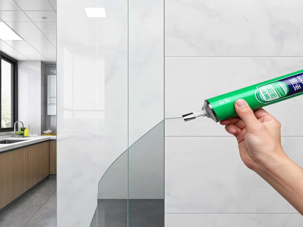 Hand applying RTV neutral silicone sealant in a modern kitchen