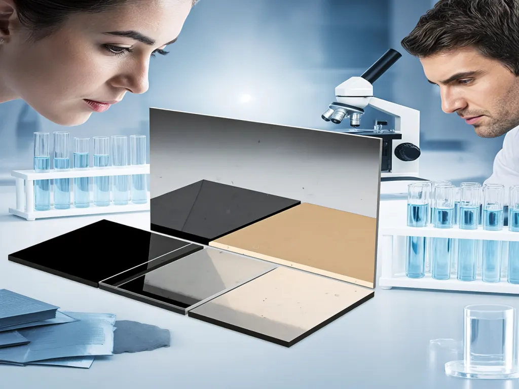 Scientists examining silicone sealant color samples in a lab