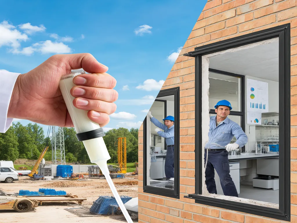 Construction worker using glazing neutral silicone sealant on window