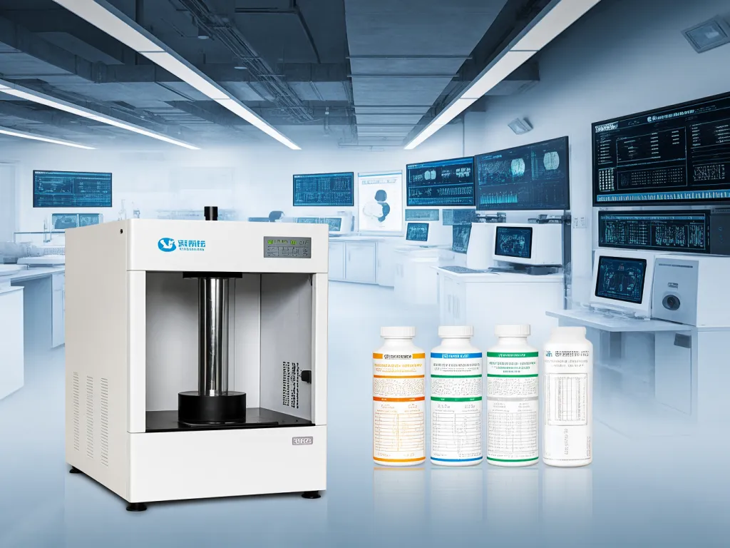 Silicone sealant bottles and testing equipment in a quality control lab